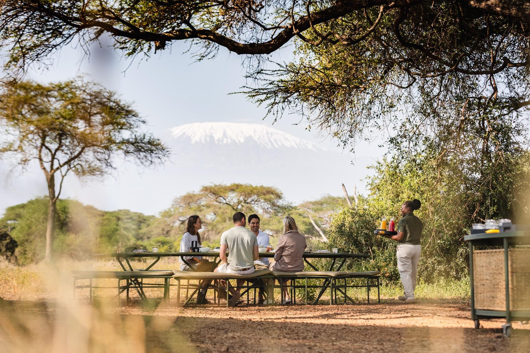 Guests at a long table under acacia trees at Angama Amboseli, with Kilimanjaro on the horizon