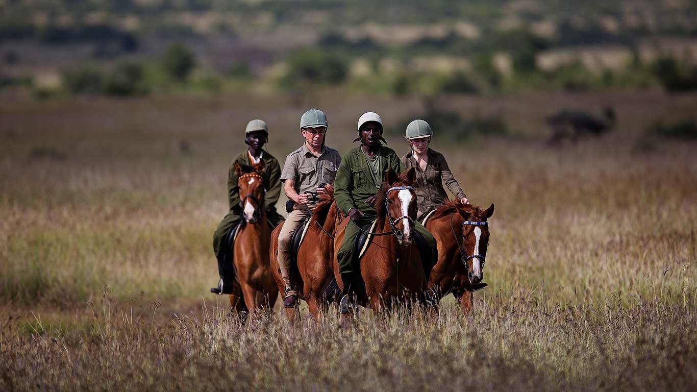 Riders in helmets on horseback in long grass on a ride from Elewana Loisaba Tented Camp