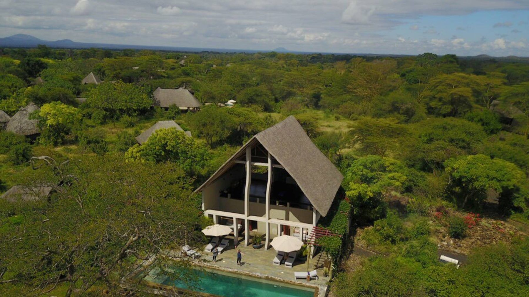 Aerial view of a thatched suite with a pool, set in dense green bush at Finch Hattons