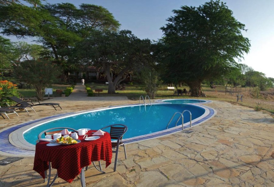 Swimming pool at Ashnil Aruba Lodge with a breakfast table, loungers and large shade trees behind