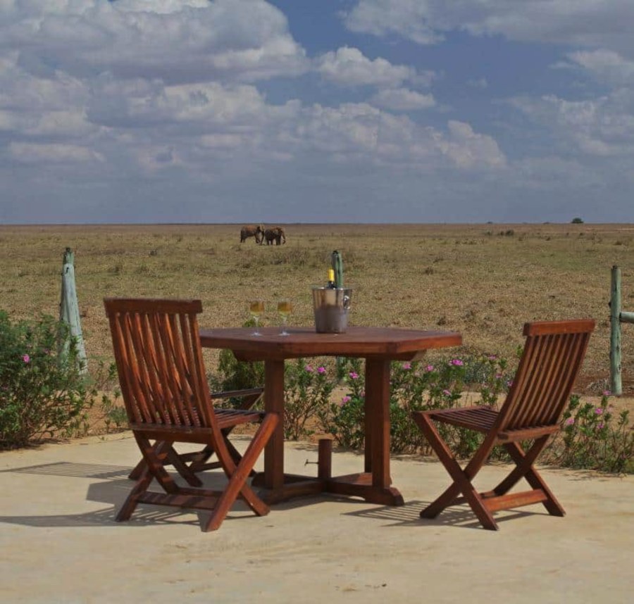 Wooden table with wine glasses at Ashnil Aruba Lodge looking over dry plains with two elephants