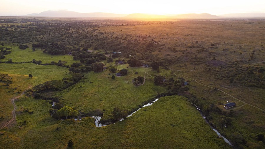 Aerial view of Kicheche Mara North tents among trees beside a winding stream, with hills on the horizon