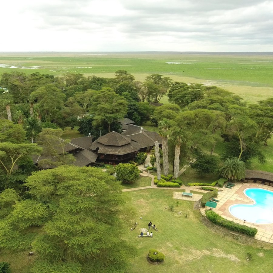 Aerial view of Ol Tukai Lodge among tall trees with a pool and lawn, and the green Amboseli plains beyond