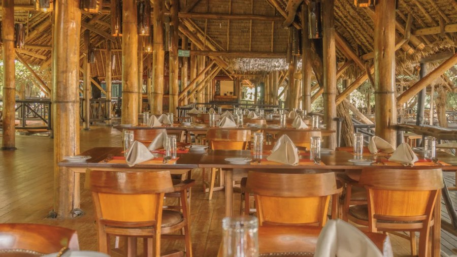 Dining tables with folded napkins under a thatched roof on wooden poles at Samburu Intrepids