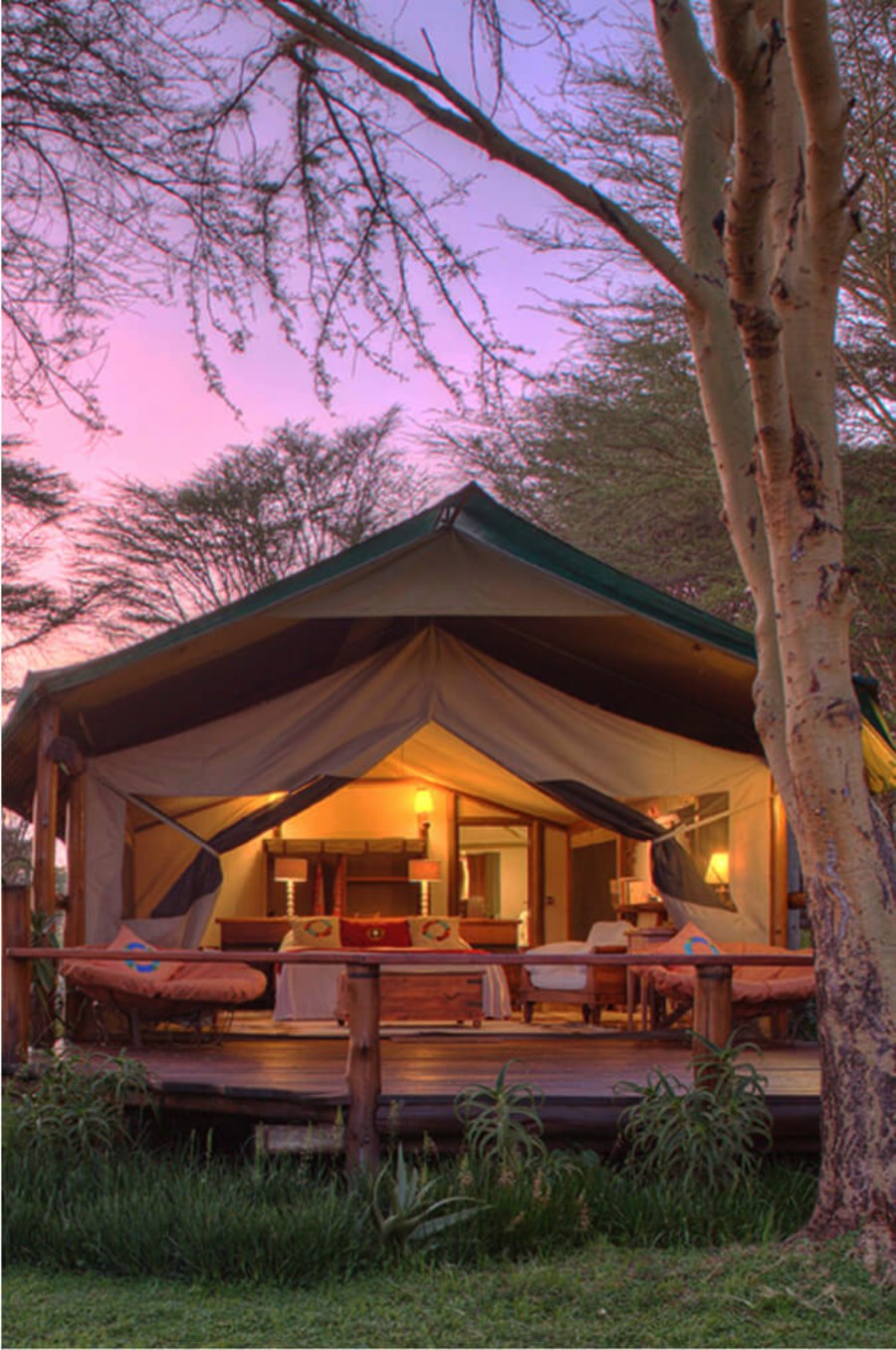 Canvas tent with an open front and lamplit bedroom on a wooden deck under trees at Sirikoi