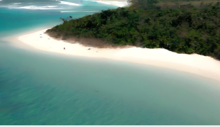 Aerial view of a white sand beach and turquoise water along a wooded shore at Diani Beach