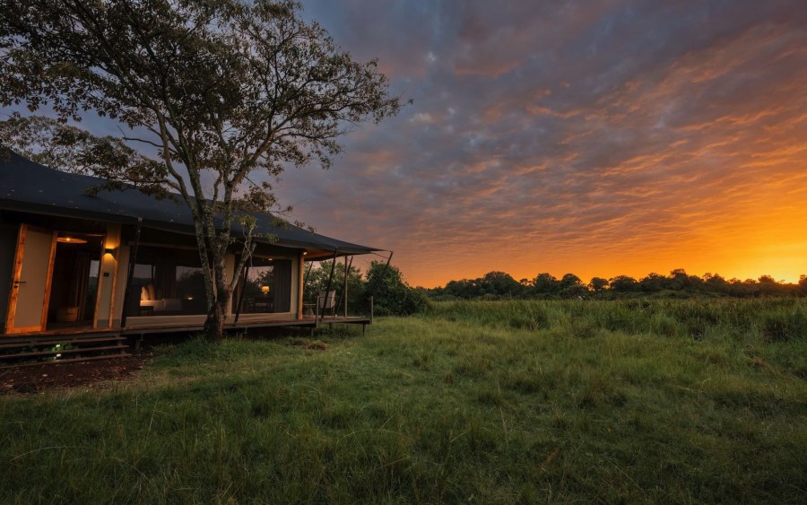Tented suite with lit interior beside grassland under an orange sunset sky at Wilderness Mara