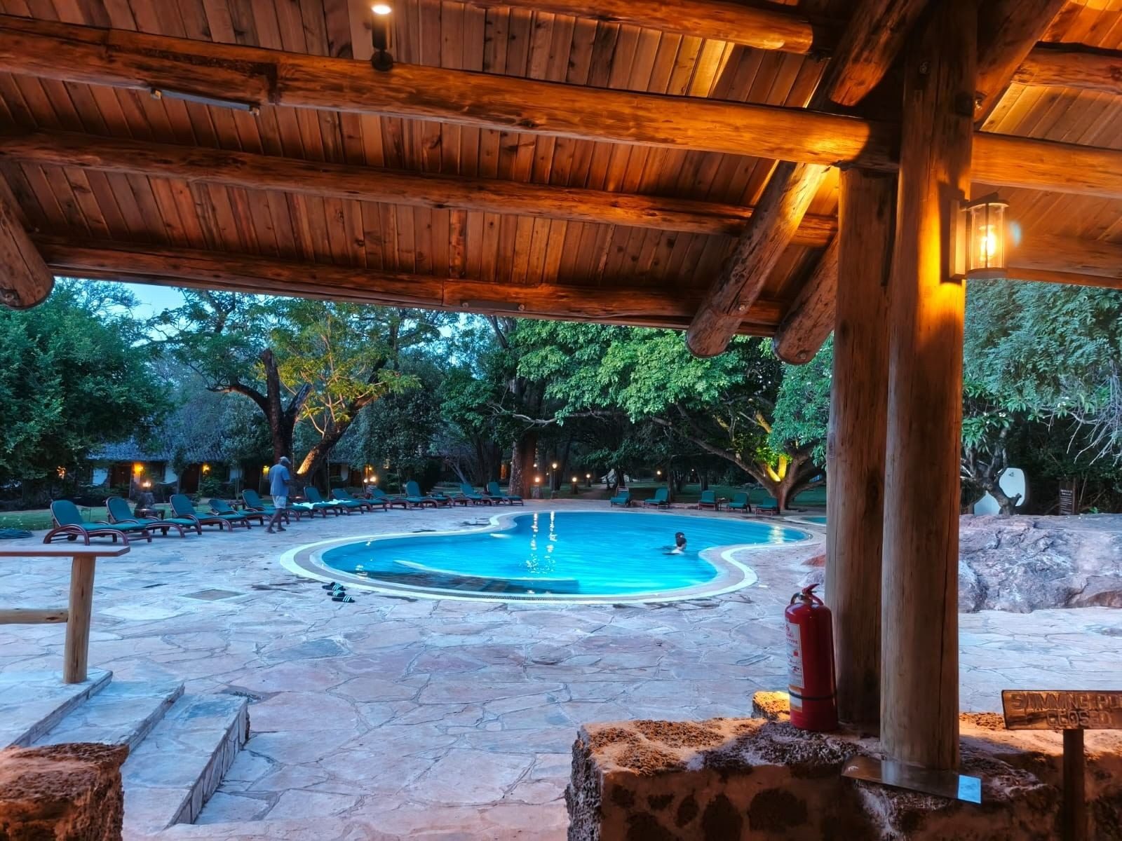 Swimming pool at Kilaguni Serena Safari Lodge seen from a covered stone terrace, surrounded by trees
