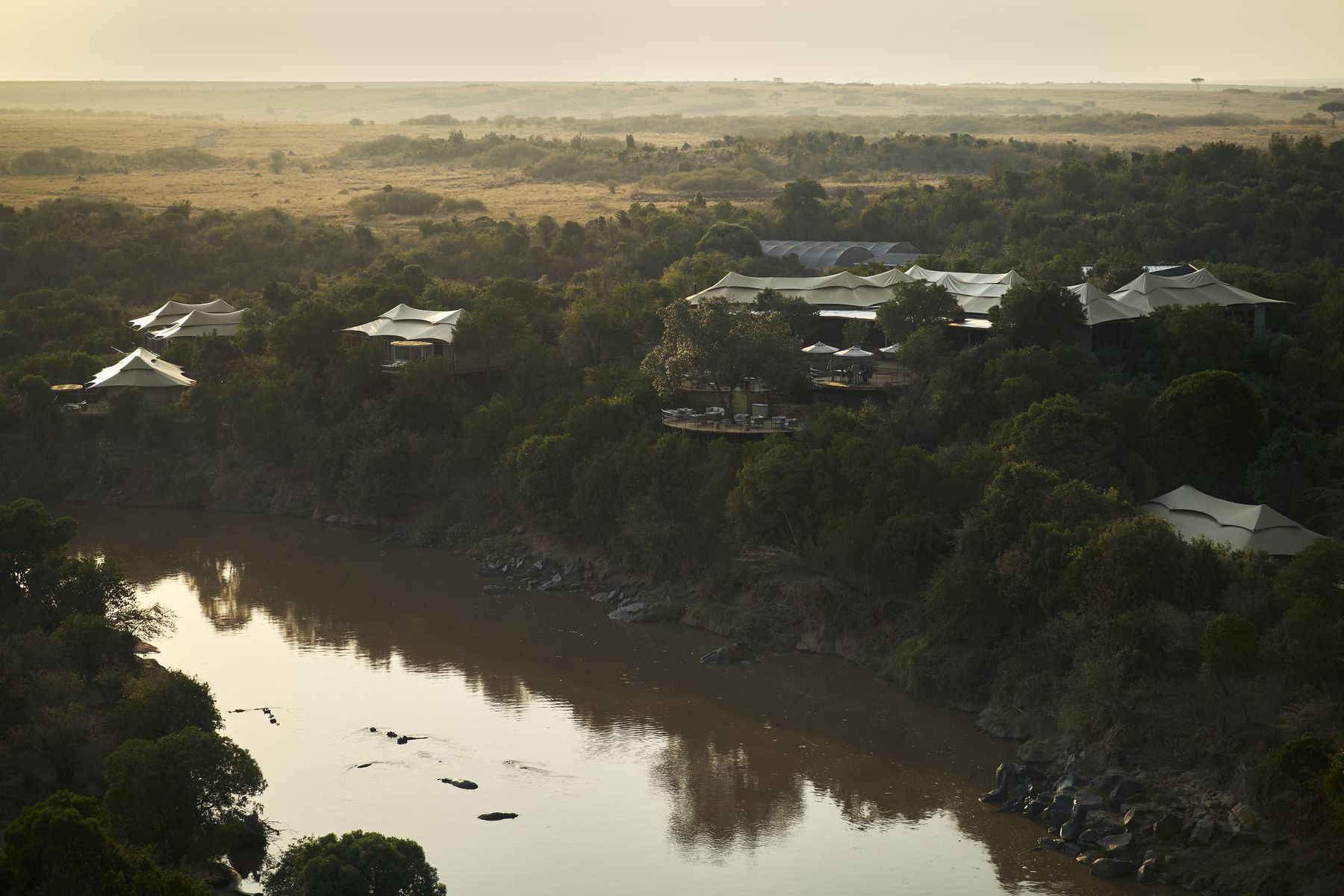 Kinara’s suites scattered through riverine forest above the Mara River, with plains stretching behind