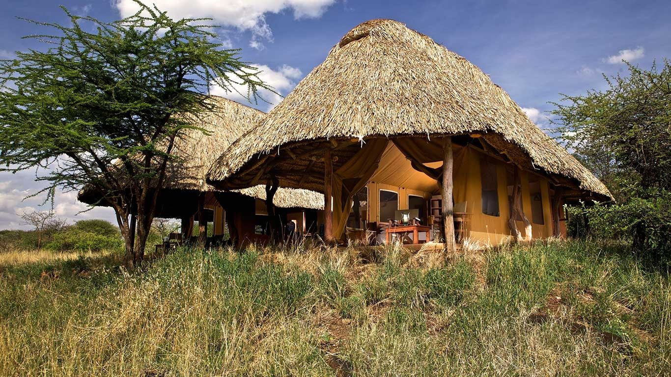Thatched canvas tents set in long grass and trees under a blue sky at Elewana Lewa Safari Camp