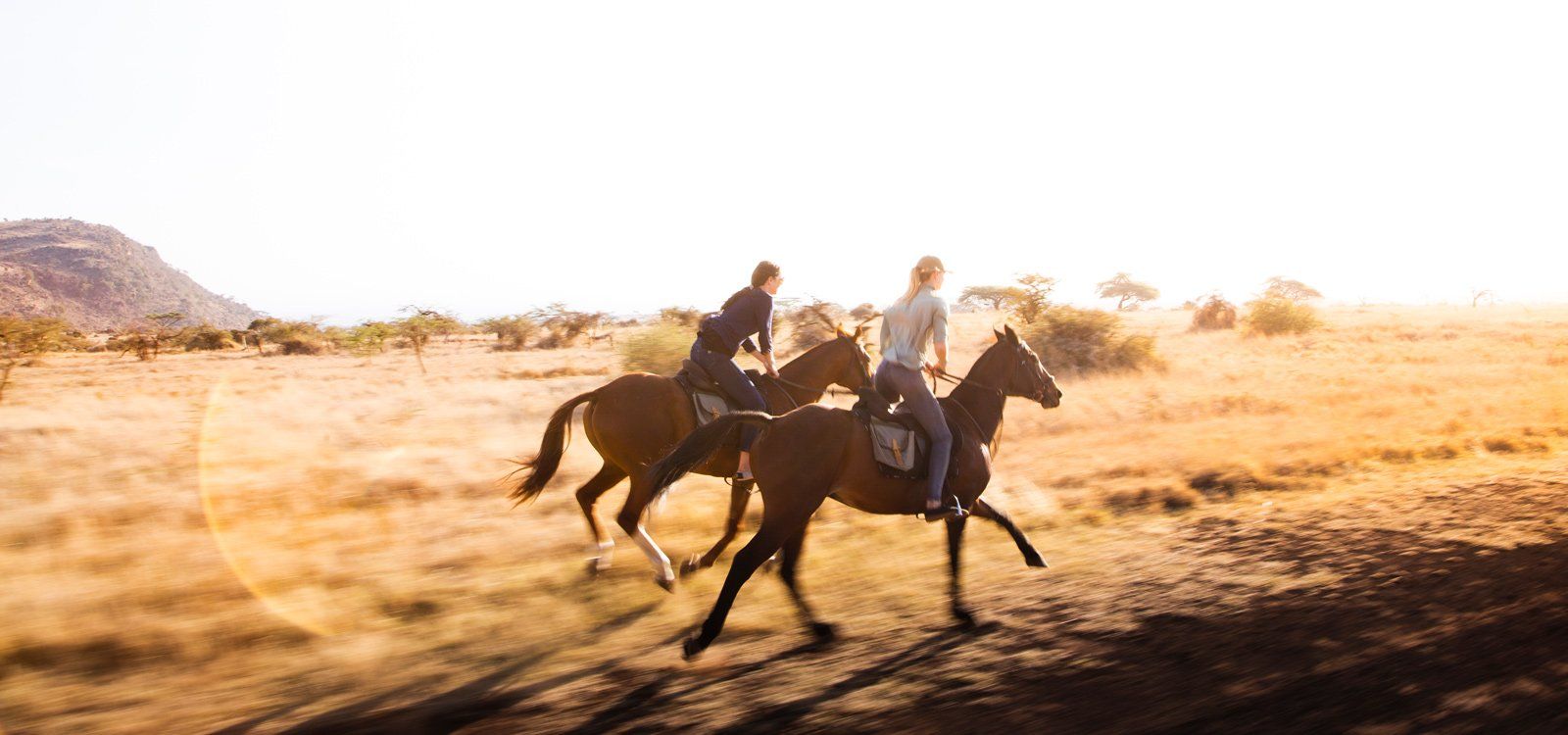 Two riders cantering across golden plains on the Lewa Wildlife Conservancy in late afternoon light