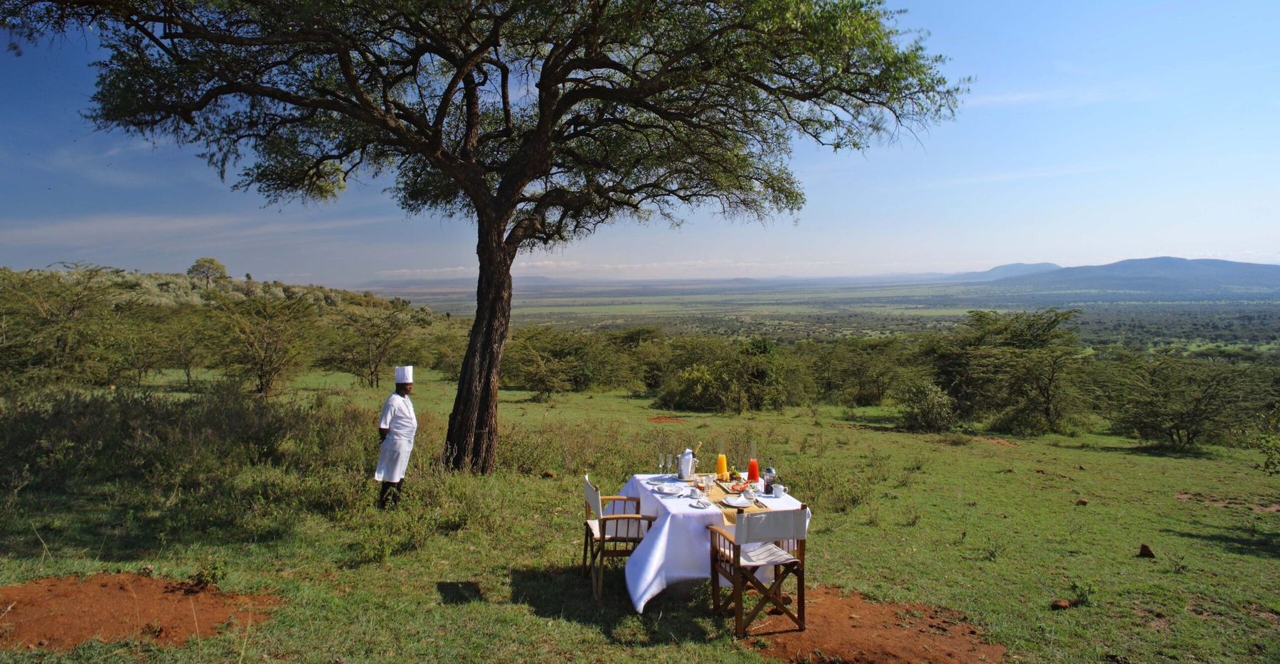 A table laid for breakfast under an acacia on the plains near Mara Bushtops, with a chef standing by