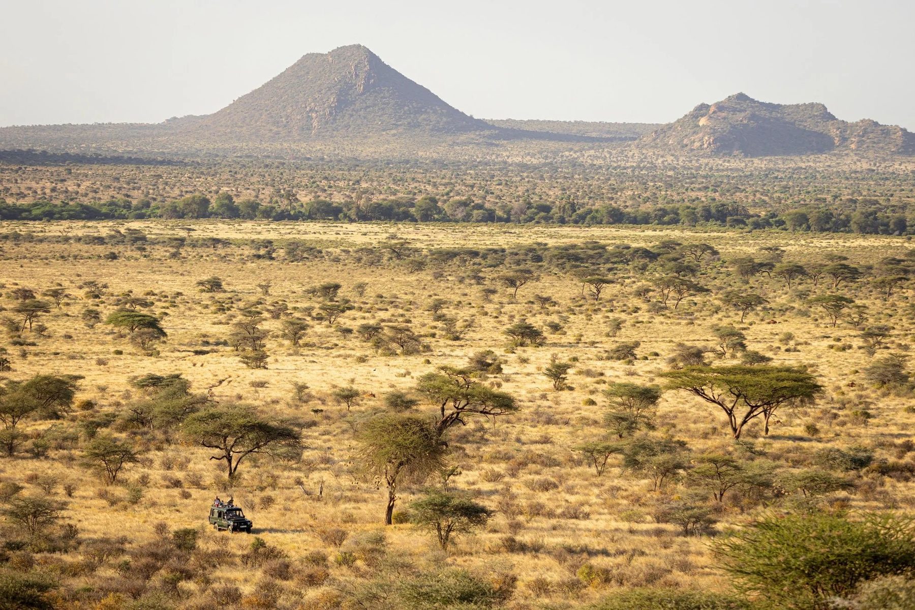 Wide valley of scattered acacia trees below a pointed rocky hill and distant ridges near Sarara Camp