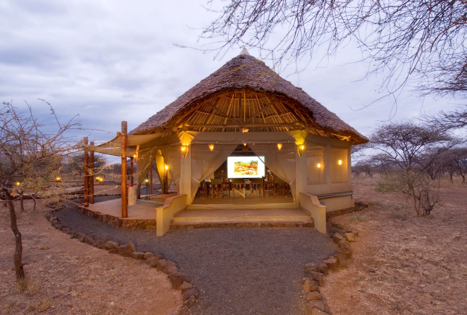 Thatched tent glowing with light among bare acacia trees at dusk at Severin Safari Camp