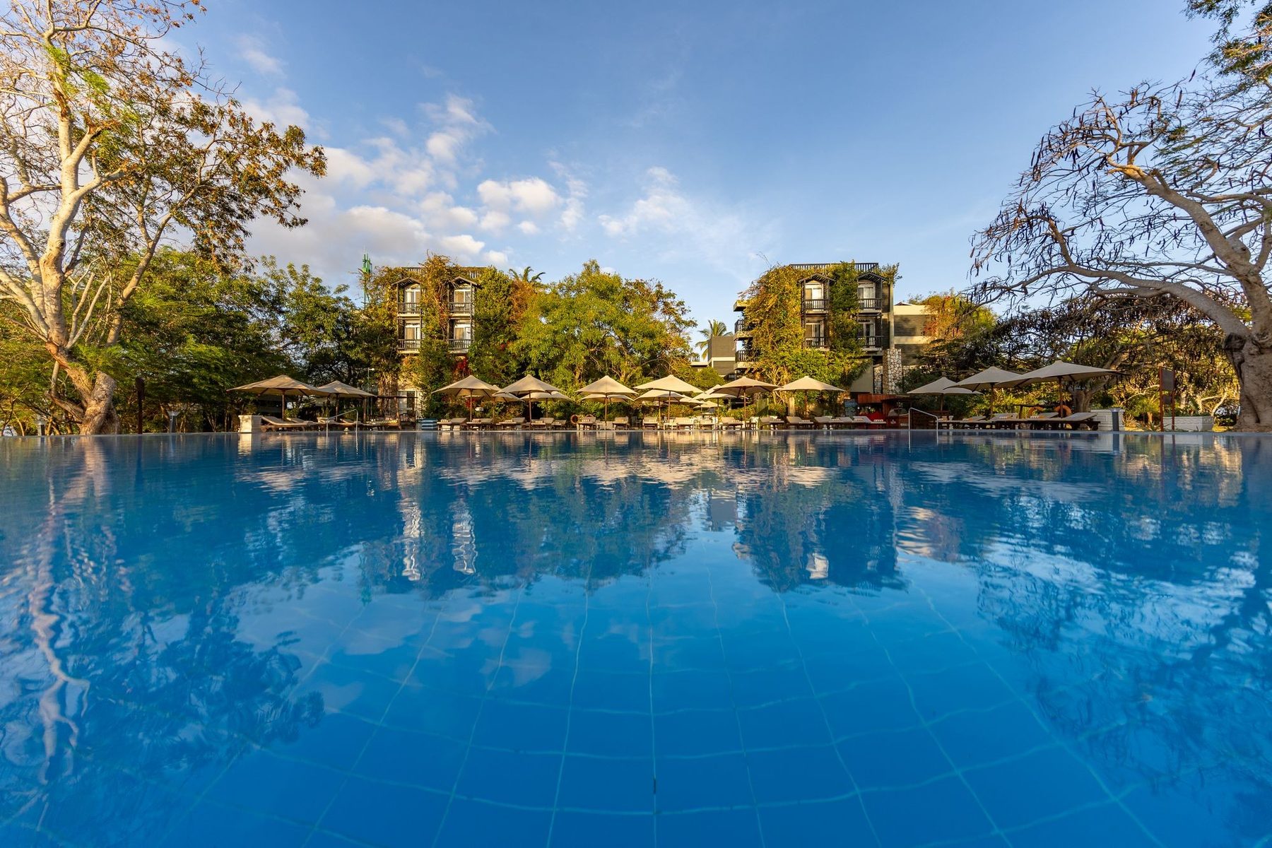 Still pool reflecting the resort buildings and trees under a blue sky at Taita Hills Safari Resort & Spa